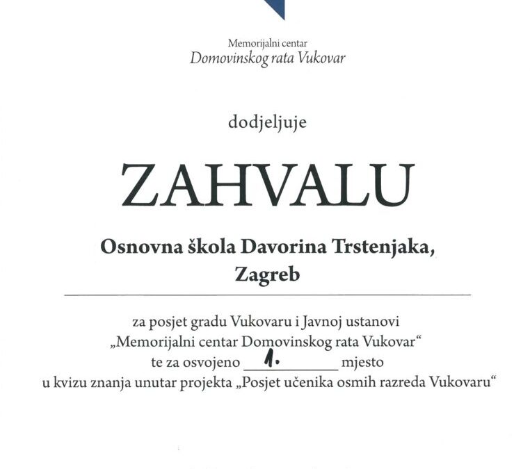 Osvojeno 1. mjesto u kvizu znanja u Vukovaru