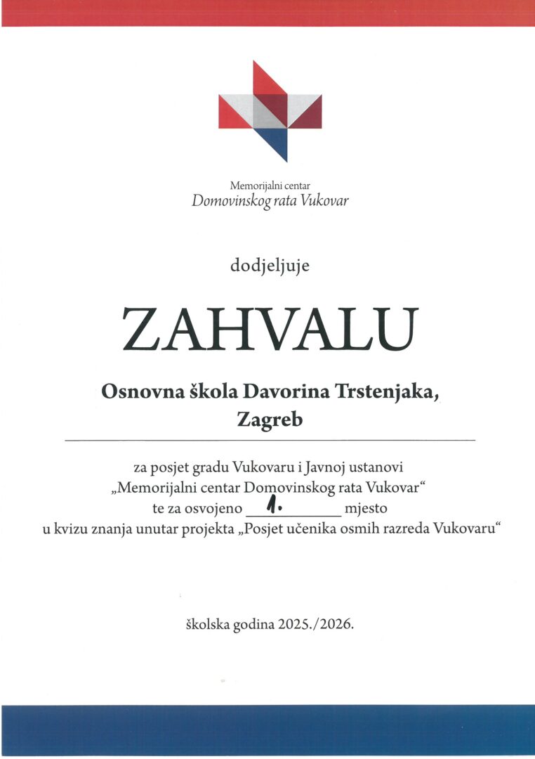 Zahvala za osvojeno 1. mjesto u Vukovaru